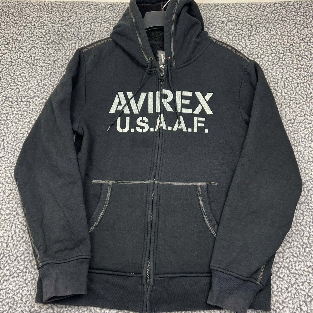 Vintage Avirex Hoodie Men Medium Black Military Fleece Full Zip Long Sleeve M‎